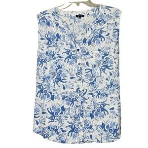 Anne Carson Sleeveless Button Front Top 2X Blue White Floral Linen Blend